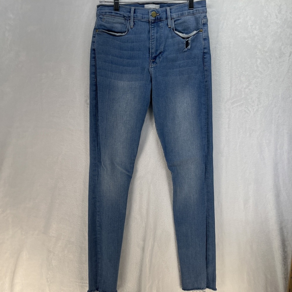 Frame Denim Jeans Women's Sz 30 Le High Skinny Blue Distressed Stretch Raw Hem